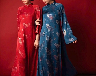 Vietnamese modern aodai Lua tuyet nhu ao dai relaxed form in red/ teal, pants included