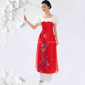Vietnamese traditional ao dai & modern TA square neck aodai in red beaded , pants included