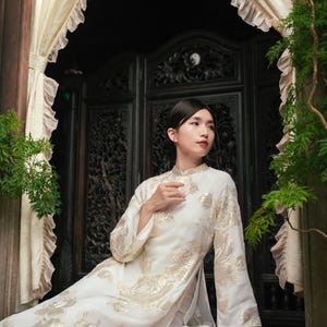 Vietnamese traditional & modern ao dai Rosey imprint 3D texture with gold aodai white relaxed style, pants included