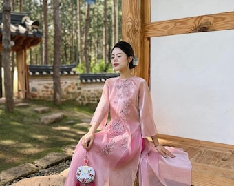 Vietnamese traditional & modern ao dai Pink embroidered aodai lynn, pants included