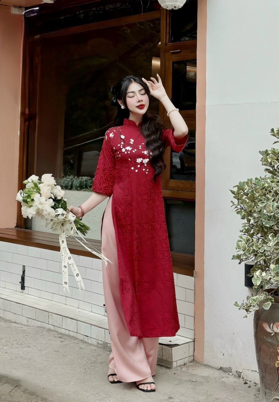Ao Dai Silk, Traditional Vietnam Dress, Small Flower Elegant Aodai