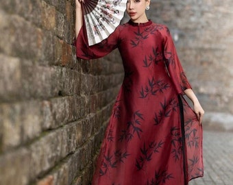 Vietnamese traditional & modern ao dai loose style Latruc red, pants included