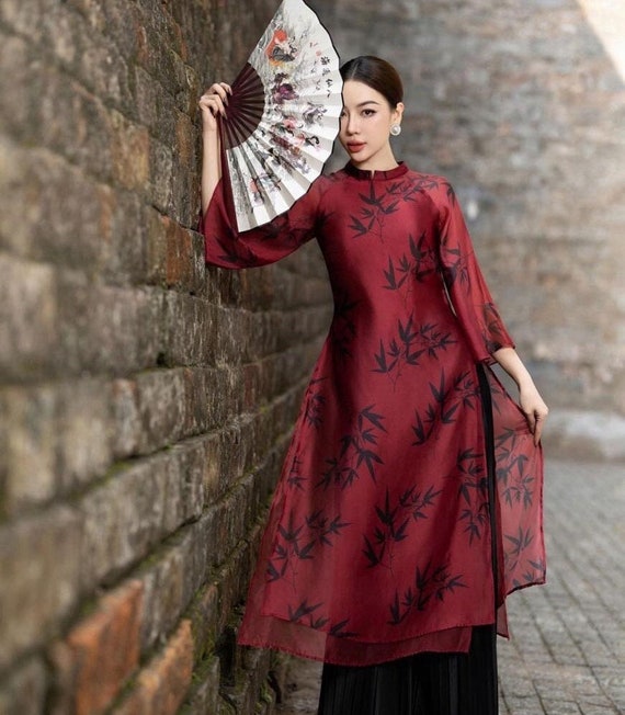 Vietnamese traditional & modern ao dai loose style Latruc red, pants included