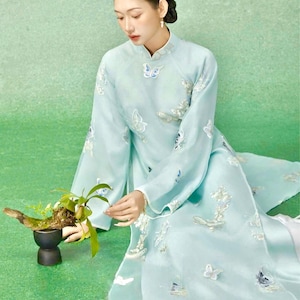 Vietnamese traditional & modern ao dai HoDiep mint embroidered aodai, pants included