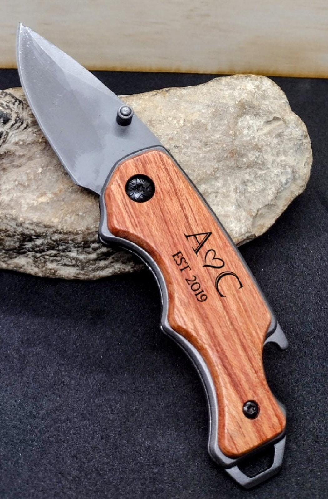 Personalized Anniversary Date Folding Knife with Rosewood Handle - Custom Engraved Steel Blade for Boyfriend, Mushroom Hunting, Special
