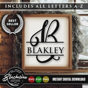 May include: A square wooden frame containing a white sign with a black calligraphic letter B and the name BLAKLEY printed in a serif font. The design features horizontal lines separating the letter and the name, presented as a digital file.
