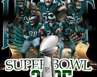 May include: A graphic design featuring the Philadelphia Eagles football team celebrating their Super Bowl victory. The image includes players in green and white uniforms, a football, and the Super Bowl trophy. The text "SUPER BOWL" is prominently displayed.