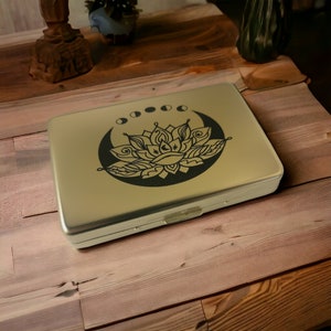 Handmade Engraved Cigarette Case - Celestial Lotus Moon Phase Gold Cigarette Case - Cottagecore - Fairycore Gift