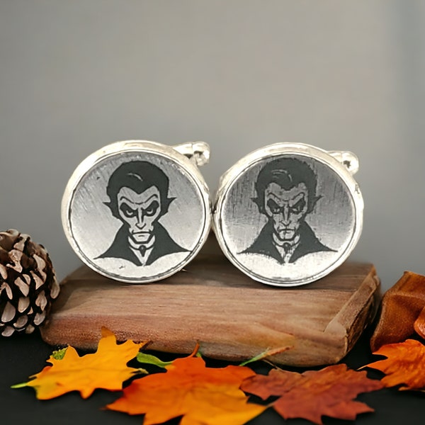 Handmade Engraved Cuff Links - Dracula Cuff Links - Vampire Cuff Links - Halloween Wedding Accessories