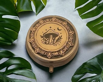Handmade Engraved Pillbox - Celestial Mushroom Pill Box - Cottagecore - Fairycore - Forestcore