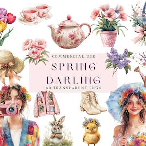 Watercolor Spring Clipart Bundle: Cottagecore Floral PNGs (Digital Download, 60 PNGs, Commercial Use)