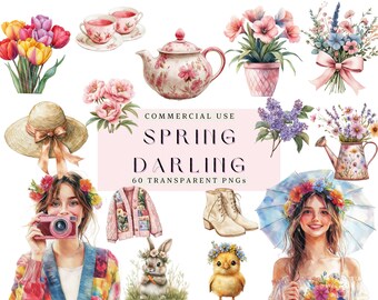 Può includere: Una collezione di 60 illustrazioni digitali a tema primaverile, tra cui fiori, tazzine da tè, una teiera, un cappello, un cardigan, un coniglio, un pulcino, un annaffiatoio e due donne con corone di fiori. Le illustrazioni sono in stile acquerello e hanno un'atmosfera delicata e romantica. Il testo "COMMERCIAL USE SPRING DARLING 60 TRANSPARENT PNGS" è visualizzato su uno sfondo rosa.