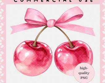 Watercolor Cherry PNG: Pink Bow Clipart (Digital Download)