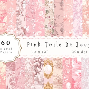 Pink Toile De Jouy Digital Paper: Floral Scrapbooking Patterns (PNG Instant Download)