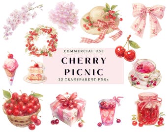 Watercolor Cherry Themed Clipart Pink Red Cherries Cherry Picnic Niji Graphic Bundle Stickers Sublimation Commercial Use Digital PNG