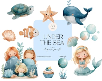 Cute Watercolor Under the Sea Themed Mermaid Clipart Pack, Invitation, Wall Art, Sticker, Sublimation PNG Graphics Transparent Background