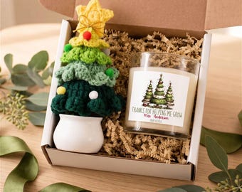 Cesta de regalo navideña personalizada para profesores, decoración de escritorio, vela personalizada, regalos navideños para profesores, caja de regalo, regalo de un alumno, árbol de ganchillo