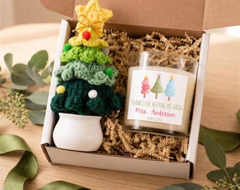 Cesta de regalo navideña personalizada para profesores, decoración de escritorio, vela personalizada, regalos navideños para profesores, caja de regalo, regalo de un alumno, árbol de ganchillo