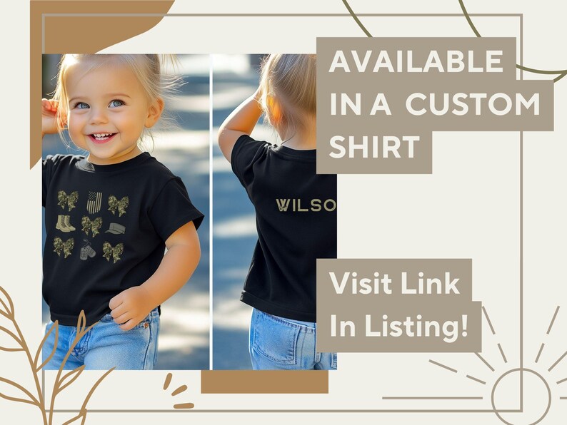 May include: A black t-shirt with a camouflage print featuring military-themed icons, including boots, a flag, and a hat. The text "AVAILABLE IN A CUSTOM SHIRT" and "Visit Link In Listing!" are displayed on the image.