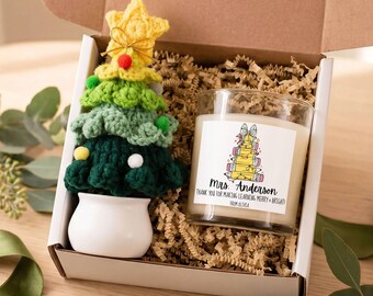 Cesta de regalo navideña personalizada para profesores, decoración de escritorio, vela personalizada, regalos navideños para profesores, caja de regalo, regalo de un alumno, árbol de ganchillo
