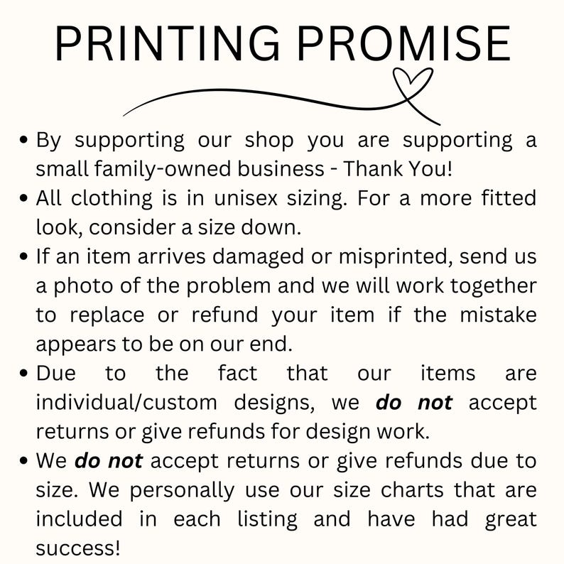 K&ouml;nnte beinhalten: Wei&szlig;er Hintergrund mit schwarzem Text: "PRINTING PROMISE". Das Bild listet die Richtlinien des Shops auf, einschlie&szlig;lich Unisex-Gr&ouml;&szlig;en und R&uuml;ckgaben. Eine kleine Herzgrafik ist ebenfalls vorhanden.