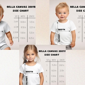 May include: Size chart for Bella Canvas 3001B, 3001T, and 3001Y t-shirts. The chart shows the width and length measurements in inches for each size. The chart is displayed on a white background with images of children wearing the t-shirts.