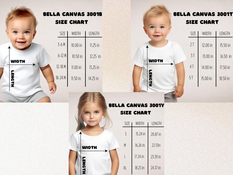 May include: Size chart for Bella Canvas 3001B, 3001T, and 3001Y t-shirts. The chart shows the width and length measurements in inches for each size. The chart is displayed on a white background with images of children wearing the t-shirts.
