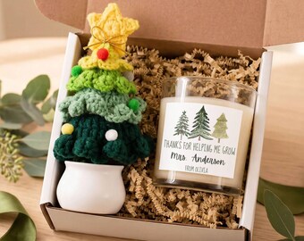 Cesta de regalo navideña personalizada para profesores, decoración de escritorio, vela personalizada, regalos navideños para profesores, caja de regalo, regalo de un alumno, árbol de ganchillo