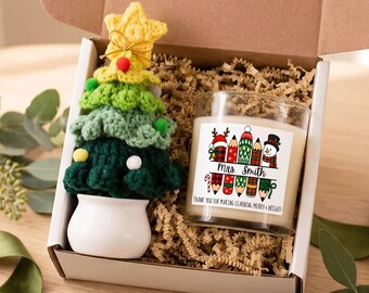 Cesta de regalo navideña personalizada para profesores, decoración de escritorio, vela personalizada, regalos navideños para profesores, caja de regalo, regalo de un alumno, árbol de ganchillo