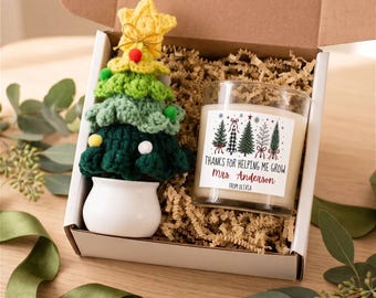 Cesta de regalo navideña personalizada para profesores, decoración de escritorio, vela personalizada, regalos navideños para profesores, caja de regalo, regalo de un alumno, árbol de ganchillo