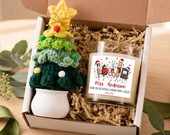 Cesta de regalo navideña personalizada para profesores, decoración de escritorio, vela personalizada, regalos navideños para profesores, caja de regalo, regalo de un alumno, árbol de ganchillo