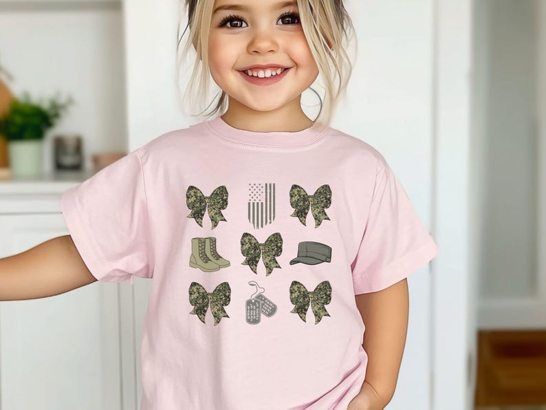 Military Kid, Military Toddler Shirt, Veteran's Day, Military Appreciation, Gift for Her, Deployment, Boot Camp, Bow, Military Mom, Baby T Pink