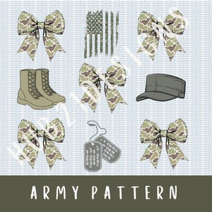 May include: A set of digital clipart featuring camouflage patterns. The set includes bows, boots, a hat, dog tags, and an American flag. The text "Army Pattern" is at the bottom of the image.