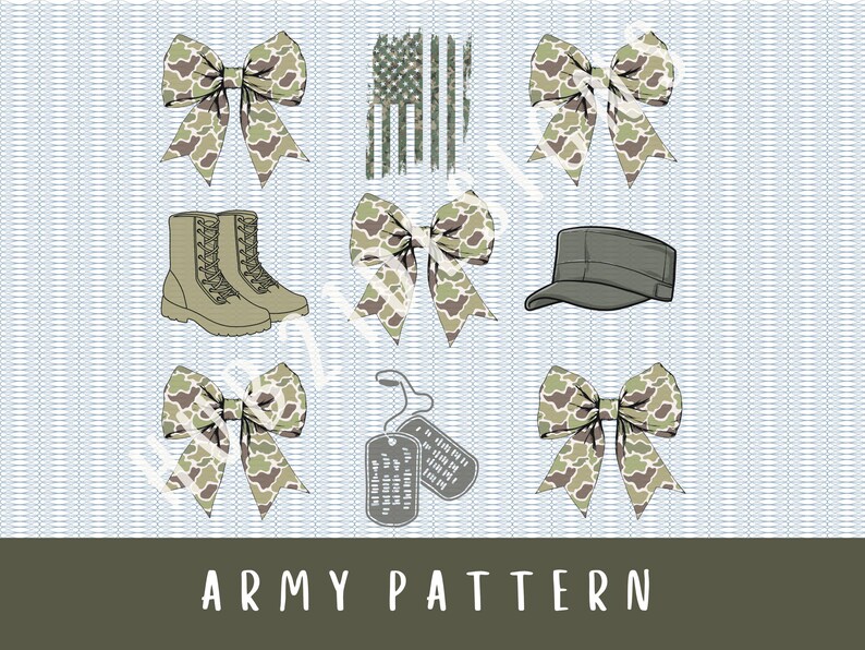 May include: A set of digital clipart featuring camouflage patterns. The set includes bows, boots, a hat, dog tags, and an American flag. The text "Army Pattern" is at the bottom of the image.
