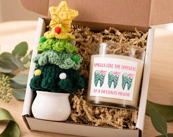 Cesta de regalo para compañeros de trabajo del dentista, vela, regalos navideños para empleados, caja de regalo, árbol de ganchillo, higienista dental, intercambio de regalos, Navidad del dentista