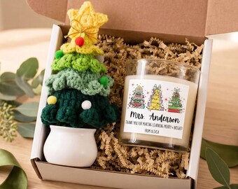 Cesta de regalo navideña personalizada para profesores, decoración de escritorio, vela personalizada, regalos navideños para profesores, caja de regalo, regalo de un alumno, árbol de ganchillo