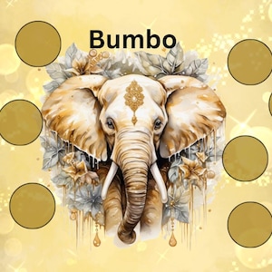 Könnte beinhalten: Digitale Illustration eines Elefanten mit aufwendigen Details, verziert mit floralen Elementen und goldenen Akzenten. Das Wort "Bumbo" ist oben zu sehen. Der Hintergrund ist ein Goldverlauf mit kreisförmigen Formen.