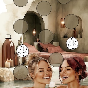 Könnte beinhalten: Zwei Frauen in einem Pool mit Champagnergläsern und Würfeln. Der Pool ist von einer Steinmauer mit einer Höhle im Hintergrund umgeben. Der Text "RD SPARTOFPECASSE" ist in der rechten unteren Ecke sichtbar.