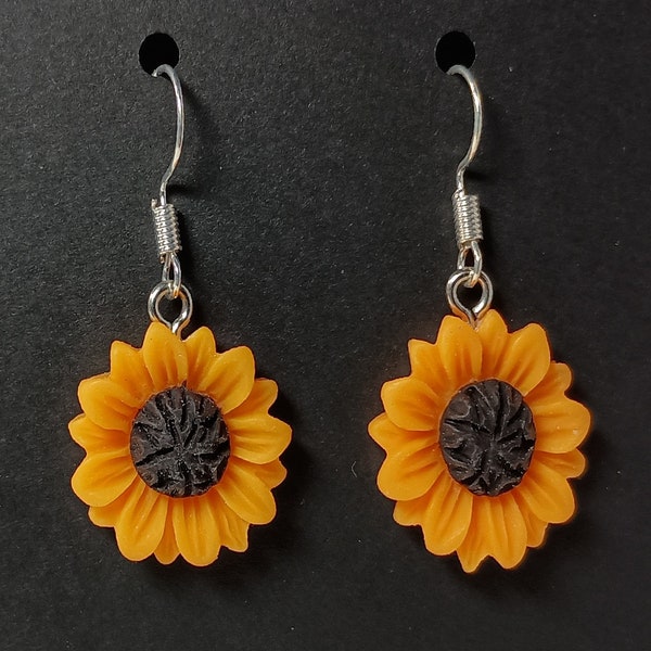 Playful Yellow and Brown Sunflower Dangle Earrings on Silver Earwire