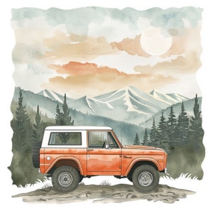 May include: A watercolour illustration of an orange vintage Ford Bronco with a white roof, parked on a dirt track. The background shows a mountain range, pine trees, a full moon, and a cloudy sky. The word "Ford" is visible on the vehicle.