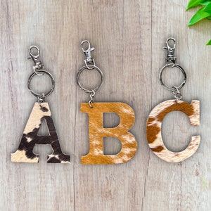 Cowhide Leather Initial Keychain - Alphabet Monogram Key Ring | Cow Print Keychain | Western Leather Gifts, Name Keychains, Gifts for Her