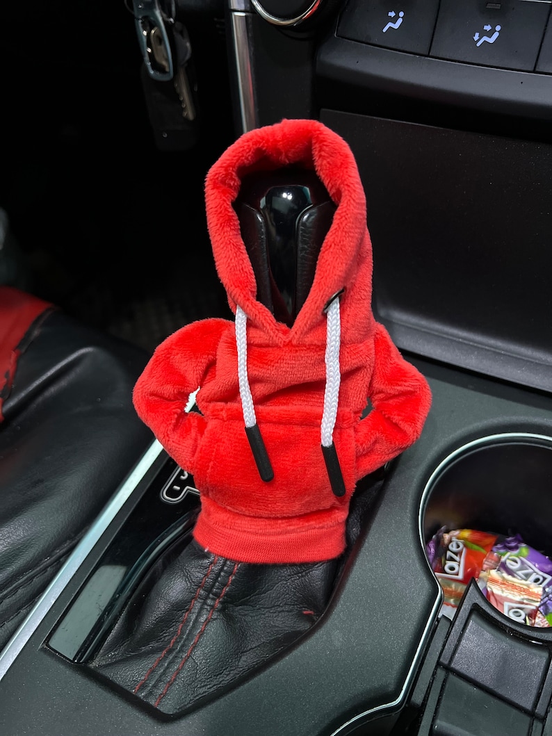 Red fluffy gear knob car shifter hoodie cover handmade sweatshirt style