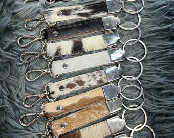 Cowhide Keychain Western Hair on Leather | Dual Side Lock| Carabiner Clip W/Detachable Key Ring | Unique Pattern Real Leather Key Chain Gift