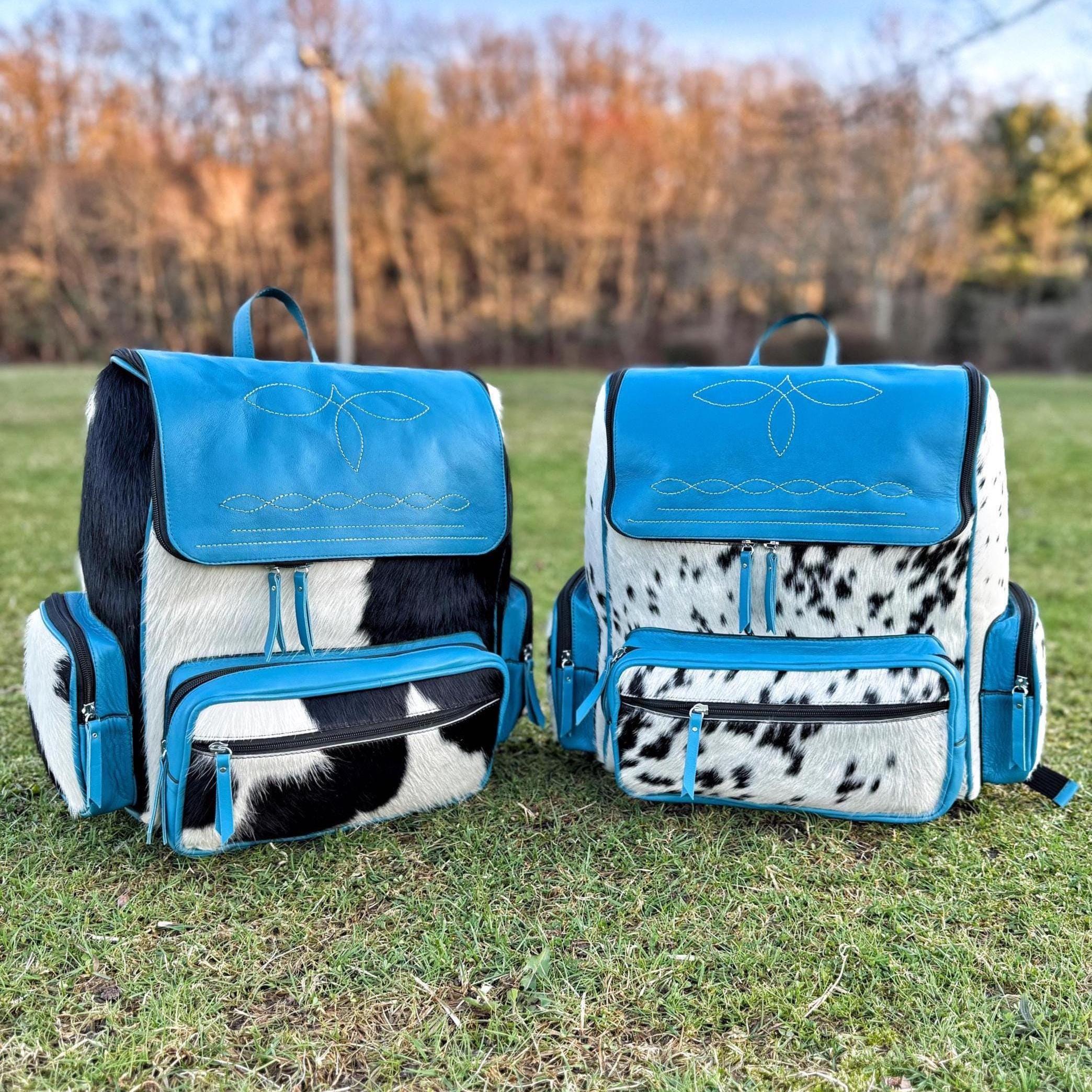 BOOT STITCH COWHIDE Backpack | Western Diaper Bag Turquoise Blue Leather Bag | Cowboy Real Hair-on Fur Cowhide Bag Rucksack | Gift for Her