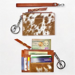 Monedero/Llavero de piel de vaca - Cartera de piel auténtica de pelo de vaca, tarjetero, 6 ranuras para tarjetas de crédito, monedero y monedero.