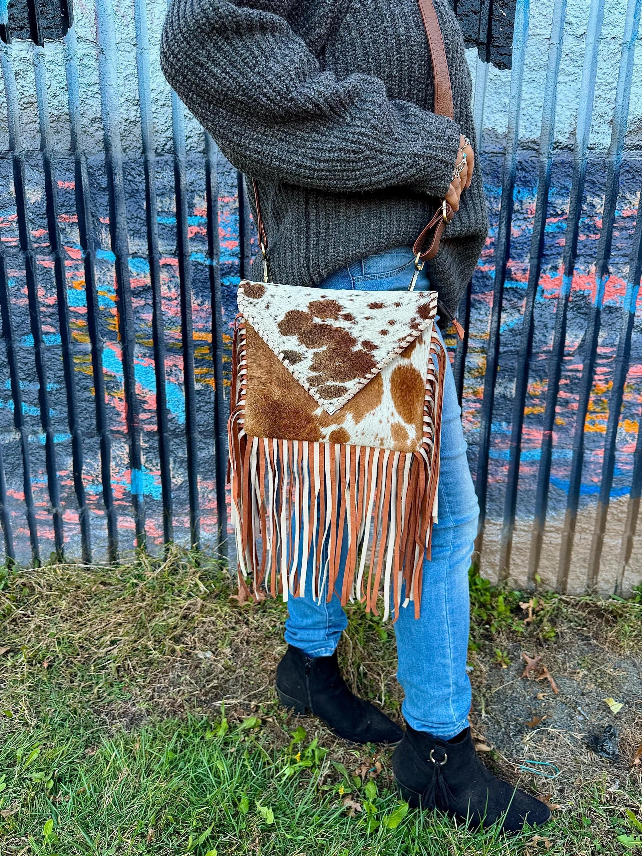 Turquoise Cow Print Fringe Purse Cowhide Fringe Bag