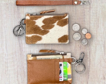 Cowhide Keychain Wallet Wristlet - Real Hair on Leather Zipper Purse - Credit Card Holder, Change Coin Pouch, Key Ring, Western Gift for Her