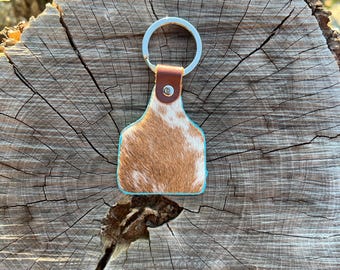 Cowhide Eartag Keychain Turquoise Real Hair-on Leather, Western