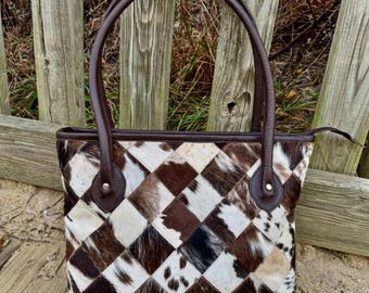 Cowhide Patchwork Handbag Real Hair on Leather Tote Bag