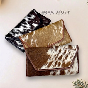 Cartera de piel de vaca de doble cara / Piel de pelo auténtico / Cartera auténtica estilo western / Tarjetero plegable largo / Estampado de vaca / Regalo para ella